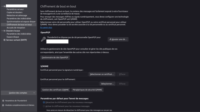 Interface chiffrement de bout en bout de thunderbird