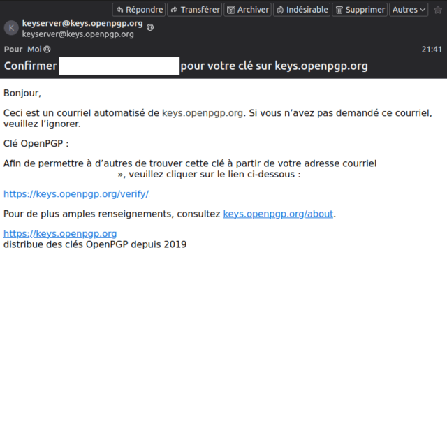 Mail de keys.openpgp pour confirmer le partage de clef